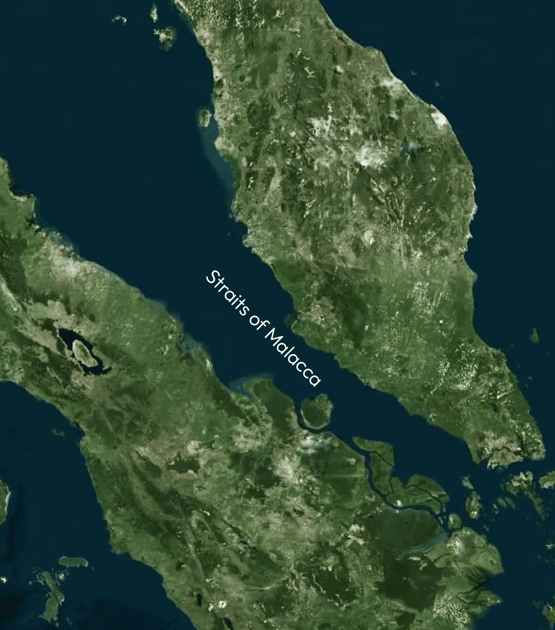 Satellite map of Peninsular Malaysia with the Straits of Malacca shipping lane marked
