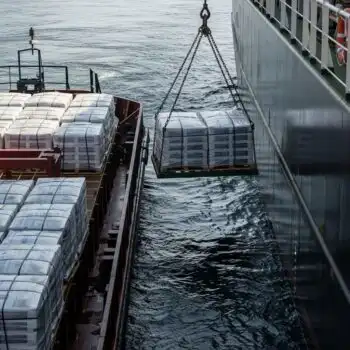 Palletised provisions being craned from a supply boat onto a vessel at sea